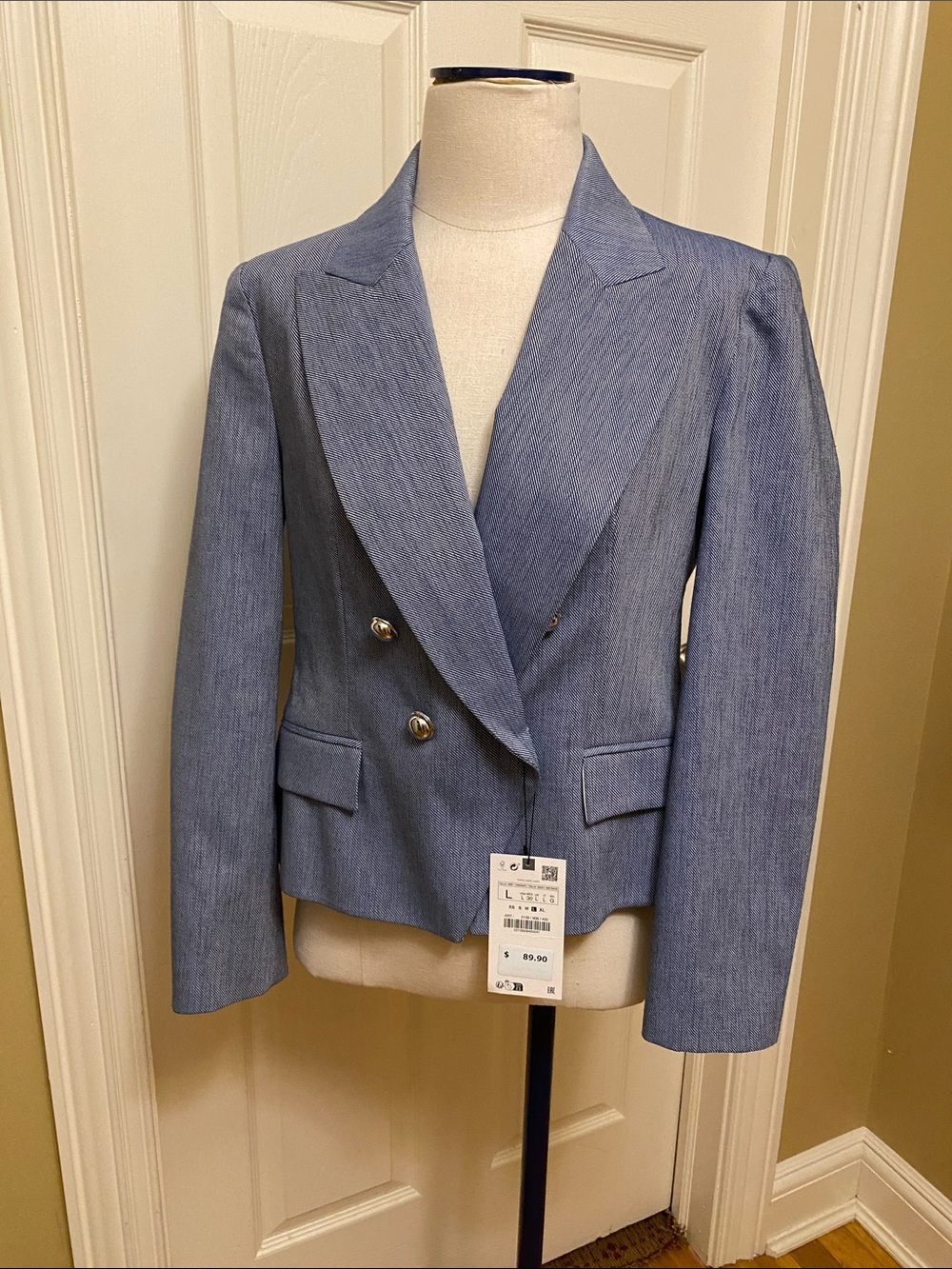 NWT ZARA CROPPED DOUBLE BREASTED BLAZER JACKET IN DENIM BLUE LARGE
